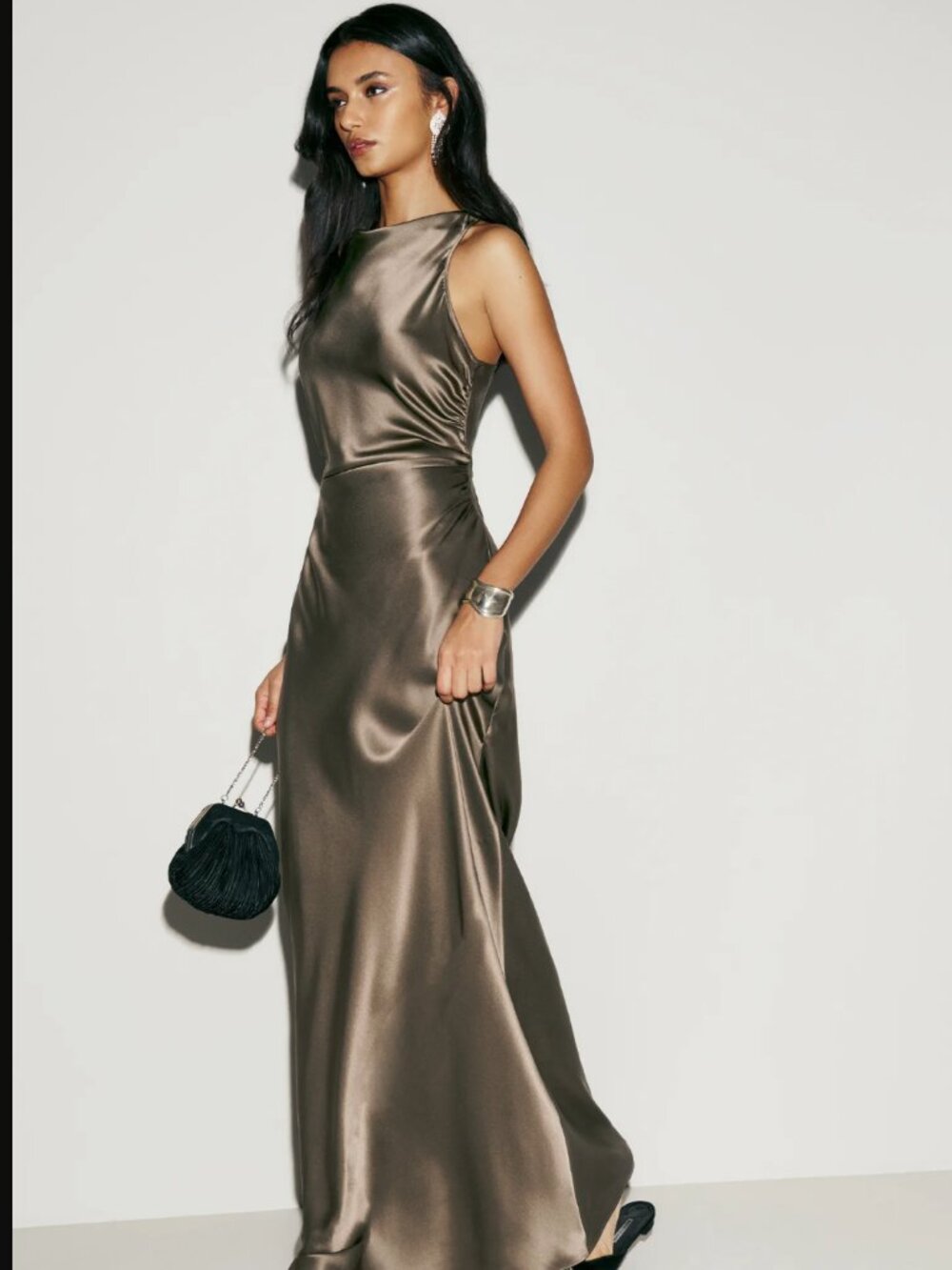 NWT Reformation Anaiis Silk Dress in Morel Brown Cowl Back Maxi Gown - Picture 2 of 3
